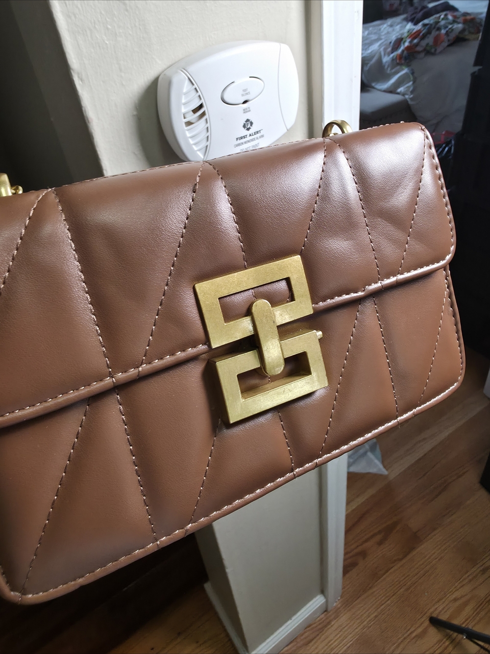 Quilted Brown Leather Crossbody Bag with Gold Hardware